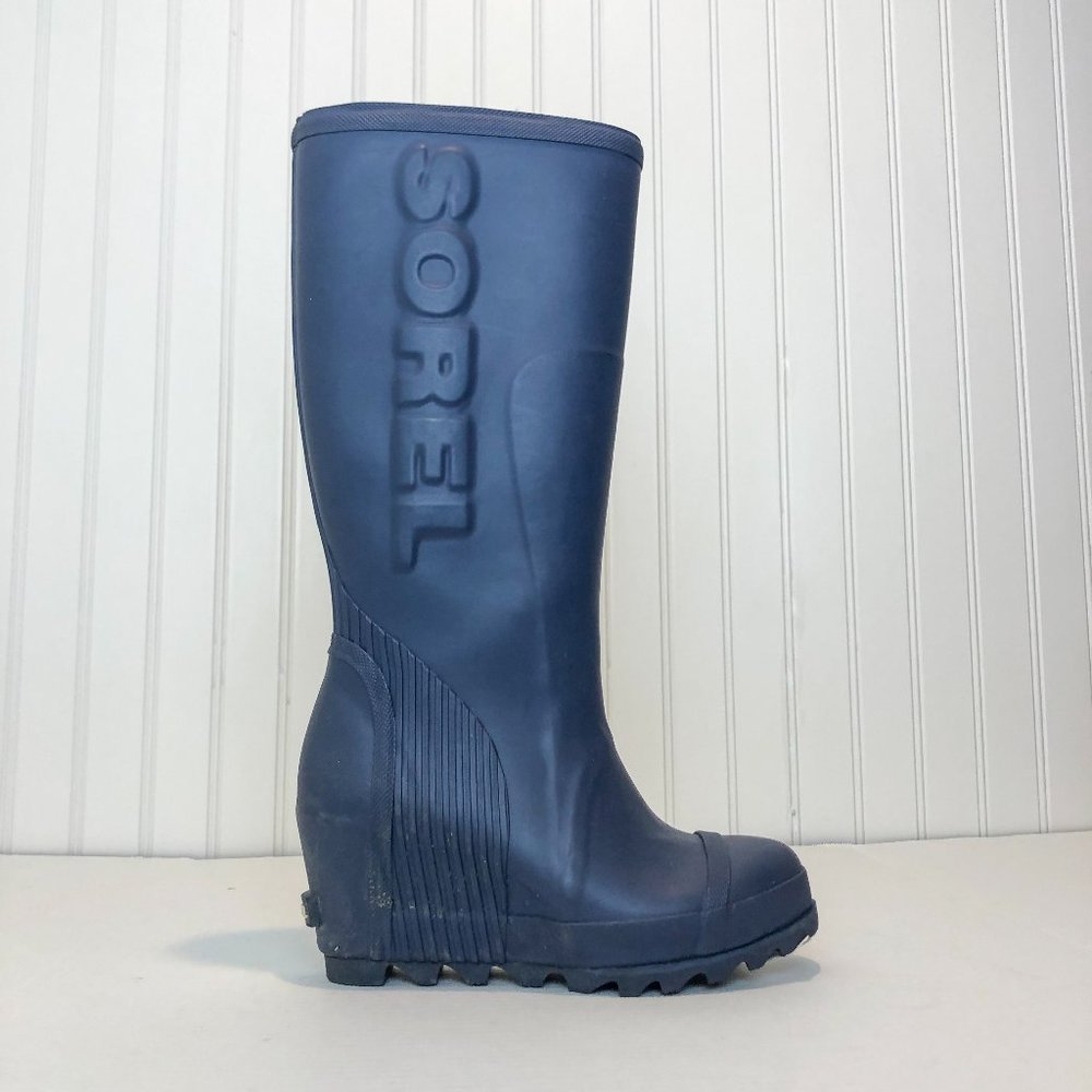 Sorel Tall Blue Knee High Preppy Classic Graphic Wedge Rain Boots Women's 6